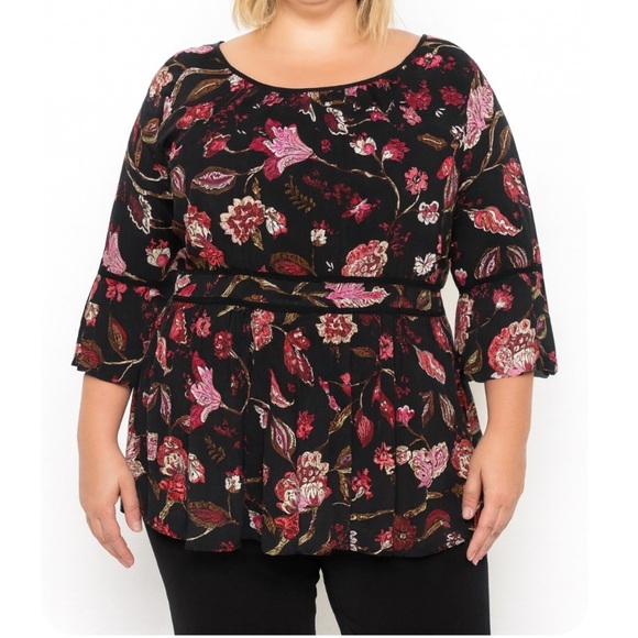 Venezia brand black babydoll floral print 3/4 sleeve lightweight flowy boho 18 - Picture 1 of 6